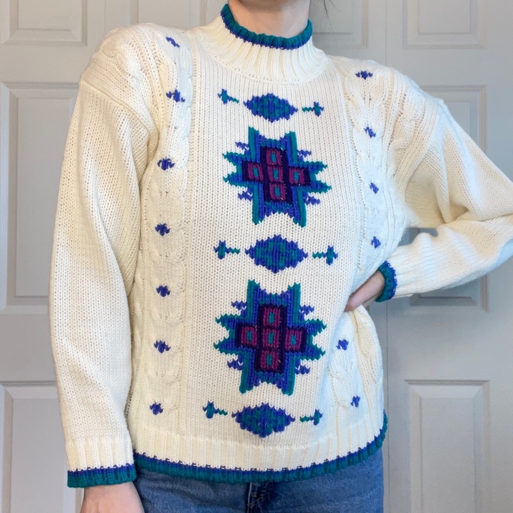 VTG Snowflake Cable Knit Grandma Cream Blue Green Turtleneck Sweater Size M